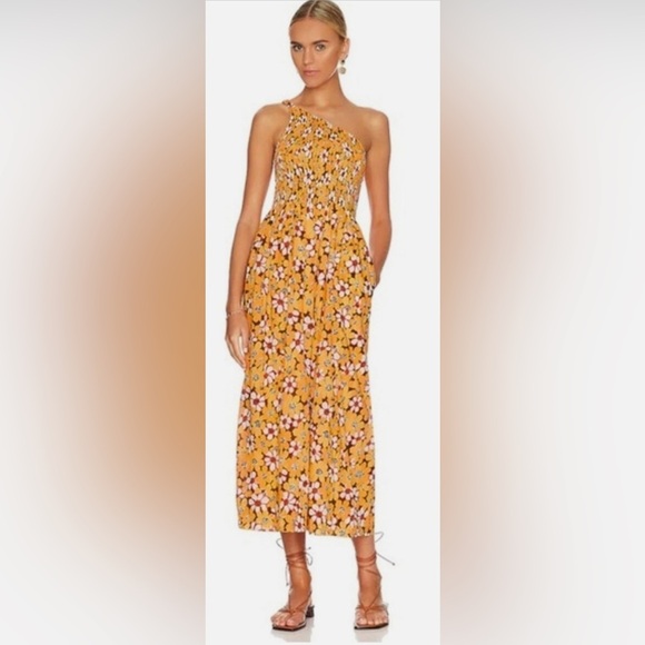 Faithfull the Brand Khalani One Shoulder Smocked Midi Dress in Size 6 - Picture 1 of 5